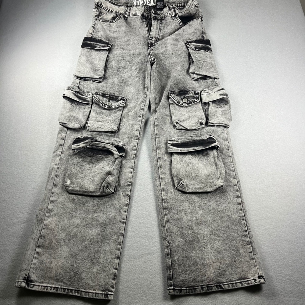 VIP Jeans Womens Acid Wash Cargo Wide Leg Denim Pants Size 13/31 Skater grunge